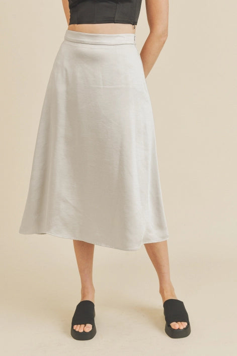 Silver Satin A-Line Midi Skirt