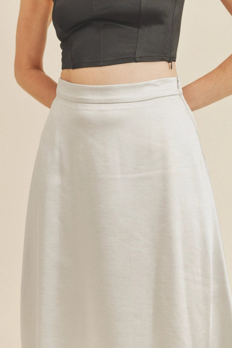 Silver Satin A-Line Midi Skirt
