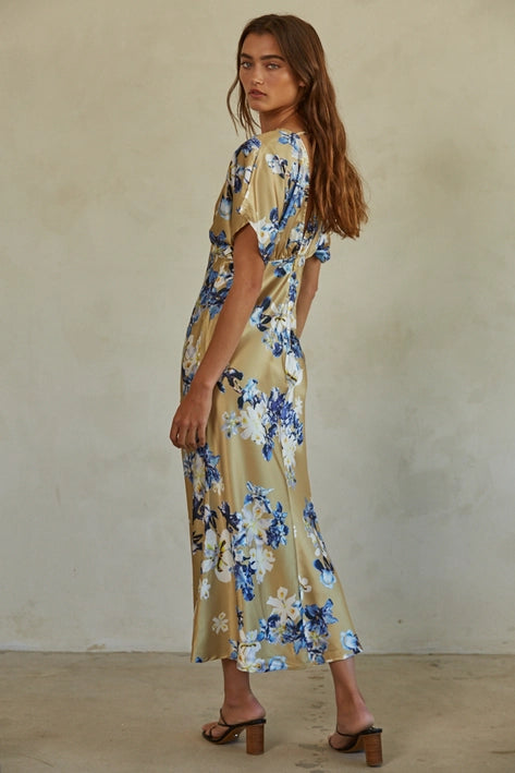 Satin Flower Printed Midi Dress