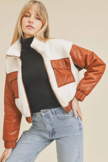 Faux Leather Fleece Contrast Jacket